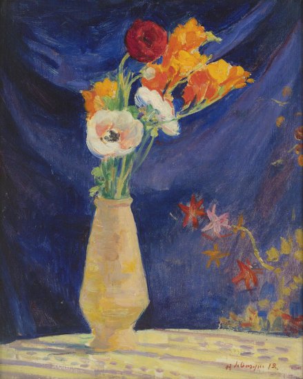 Henri Lebasque - Vase of Anemones in front of Blue Curtain, 1912.jpeg