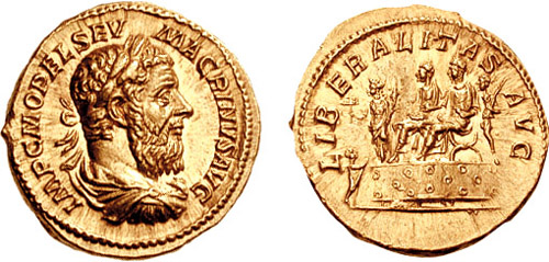 Rzym starożytny - numizmatyka rzymska - obrazy - Aureus_Macrinus-RIC_0079. LIBERALITAS na rewersie monety Makrynusa.jpg