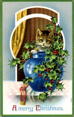 Boże Narodzenie 1 - vintage-christmas-card-blue-vase-brown-white-cat-holly.jpg